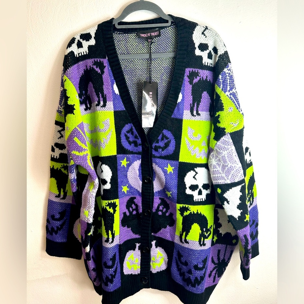 Dolls kill trickz n’ treatz oversized Halloween patchwork cardigan